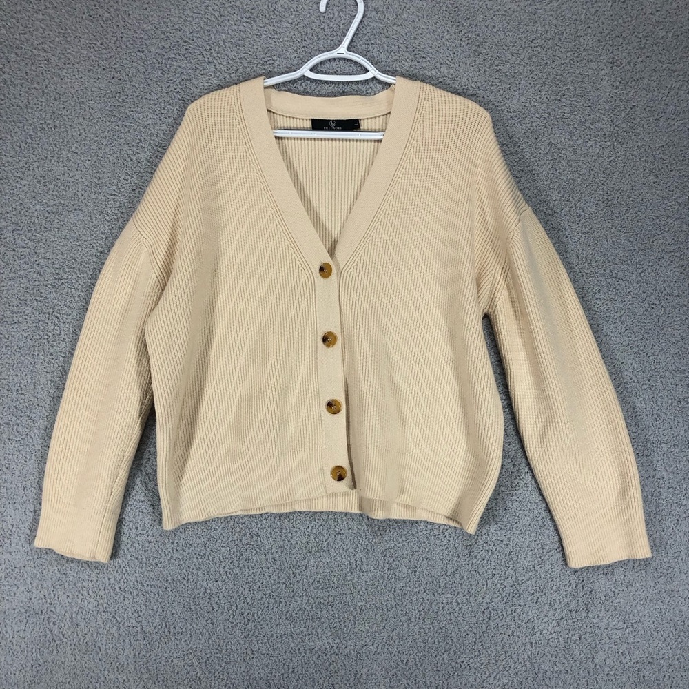Cream Ribbed V-Neck Button Up Cardigan Size L Casual Layering‎ Lillusory